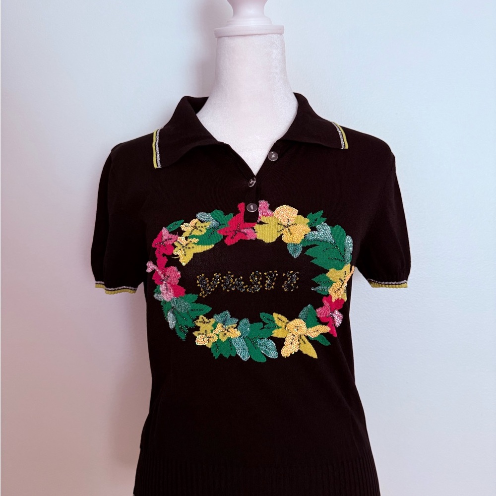 Elegant Black Floral Embroidered Polo Shirt